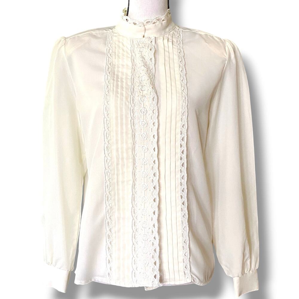 VTG 80s Lauren Lee Victorian Style Blouse Fits Sz S/M Ivory Lace Long Sleeve USA